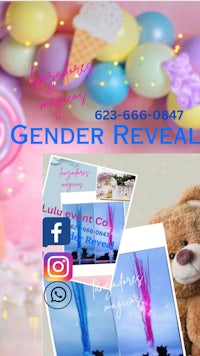 gender reveal party flyer with balloons and a teddy bear