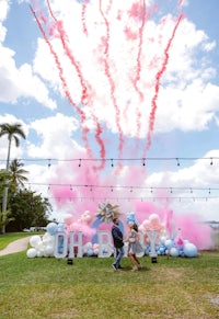 a couple standing in front of pink and blue smoke bombs